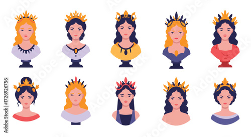 Collection of cartoon queen busts wearing various crowns and necklaces against a white backdrop, showcasing elegance and royalty.