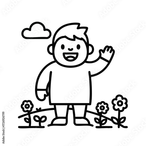 A cheerful child waving happily while standing amidst blooming flowers under a clear sky with clouds.