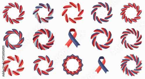 Patriotic wreaths and ribbons arranged on a white surface, symbolizing remembrance and support for national holidays and causes.