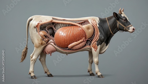 Detailed anatomical illustration of a cow's digestive system, showcasing internal organs in a three-dimensional representation.
