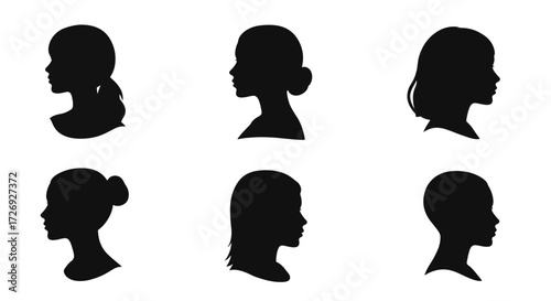 Silhouette profiles of young girls depict diverse hairstyles against a white backdrop, creating a simple yet elegant visual representation of childhood and individuality.