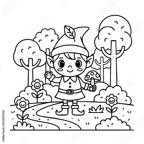A cheerful character with pointed hat and mushroom stands on a winding path surrounded by trees and flowers.