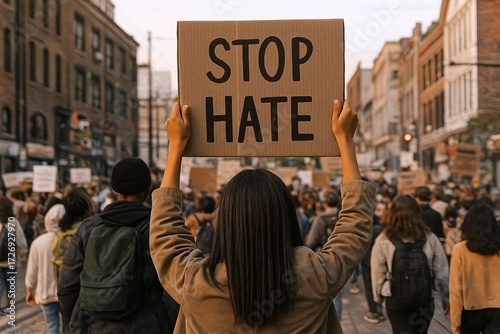 Protester Holding “Stop Hate” Sign from Rear View in City Demonstration
