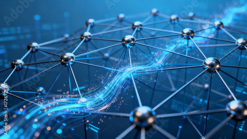 Abstract network of interconnected nodes with glowing blue data streams on a digital background