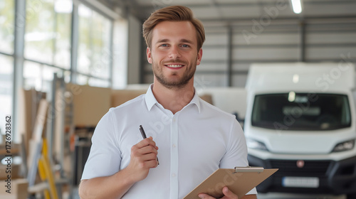 Smiling professional man holding a clipboard in a warehouse with logistics and business elements