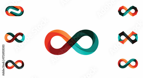 Infinity symbols representing endless possibilities and connections on a clean white surface, symbolizing eternity and continuity with a modern aesthetic.