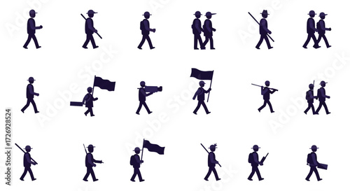 Silhouetted soldiers march in formation carrying rifles and flags, representing military strength and national pride in a solemn and respectful manner.