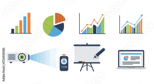 Dynamic business presentation with charts, graphs, and modern tech tools for impactful meetings and data visualization success, originally vector graphics