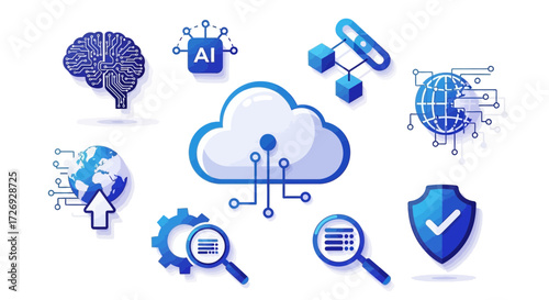 Elevate your tech projects with this stunning illustration of cloud computing, AI, cybersecurity, and global connections, modern technology solutions
