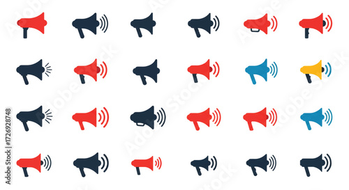Megaphones arranged in a grid pattern representing communication and announcements with vibrant red, blue, and yellow colors on a clean white surface.
