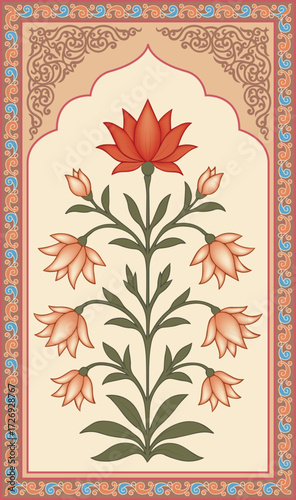 Traditional Mughal flower motif. India wall decor flower Painting. Mughal wall paintings, botanical floral ethnic motif
