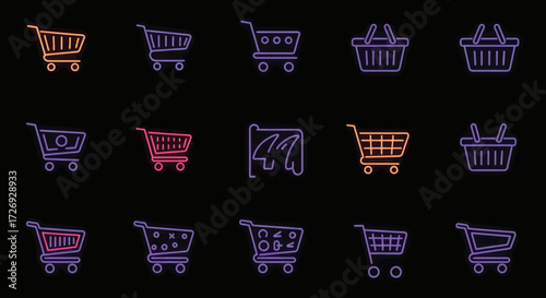 Neon shopping carts and baskets glow against a black backdrop, representing retail choices and consumerism in a modern, vibrant style.