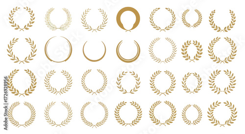 A collection of golden laurel wreaths and circular frames, symbolizing victory and achievement.
