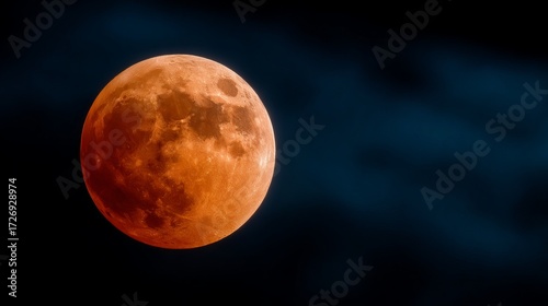 Blood Moon With Blue Cloudy Sky Close Up