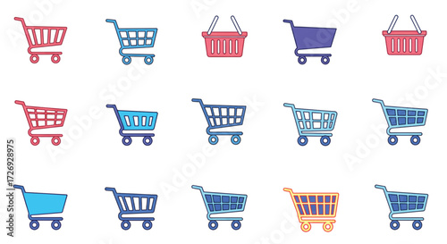 Colorful shopping carts and baskets arranged in rows, representing retail and consumerism with a playful and vibrant mood.