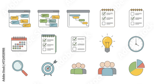 Streamline your workflow with these modern project management icons for tasks, timelines, calendars, goals, teamwork, ideas, and data analysis tools