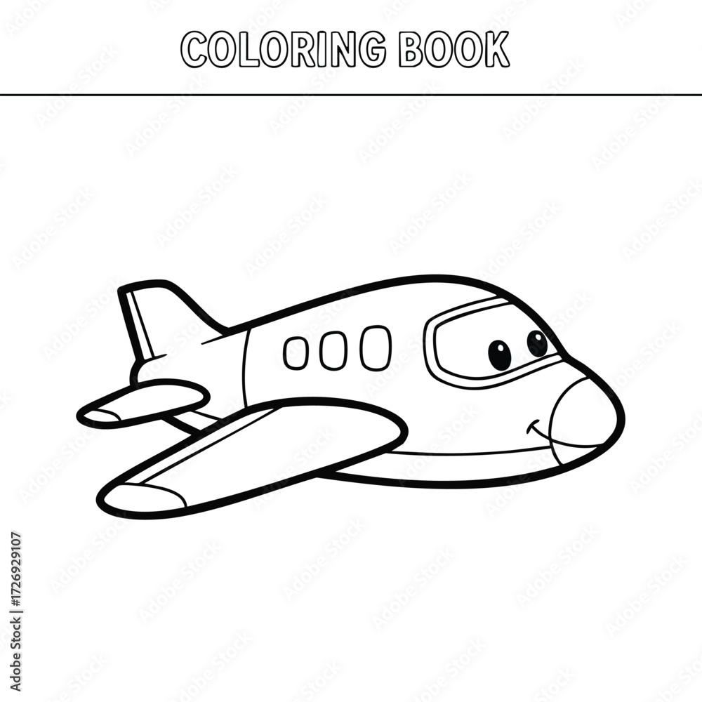 Naklejka premium A cheerful cartoon airplane designed for a coloring activity, featuring bold outlines and a friendly expression.