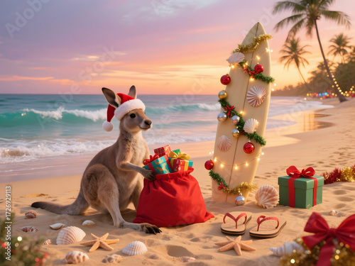 Christmas kangaroo with Santa hat on tropical beach beside surfboard decorated with seashells and ornaments