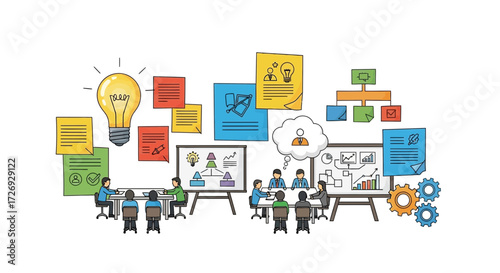 Dynamic team brainstorming creative ideas during a productive meeting, developing innovative strategies and solutions together in a collaborative workspace, originally a vector