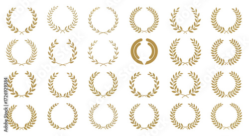 A collection of twenty-four different golden laurel wreath designs, symbolizing victory, honor, and achievement, isolated on a white background.