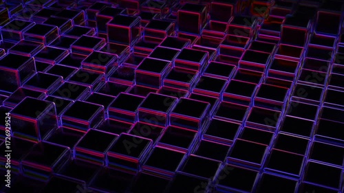 This stock motion graphic shows the movement of neon 3D cubes.