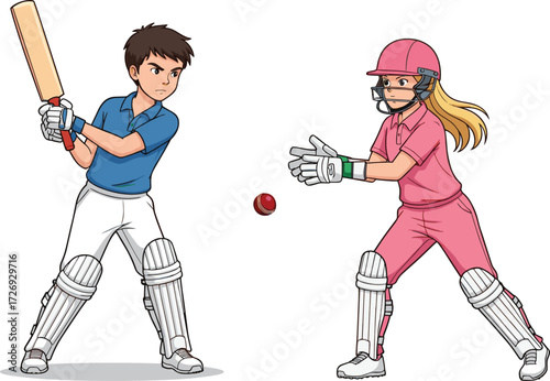 Male batsman and female wicketkeeper in cricket match, sports gear, batting stance, wicket keeping, red ball, teamwork, outdoor sports illustration