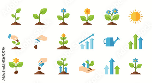 Nurturing Growth and Cultivating Success: Visualizing Development Stages and Positive Trends, From Seedling to Flourishing Plant and Upward Arrows