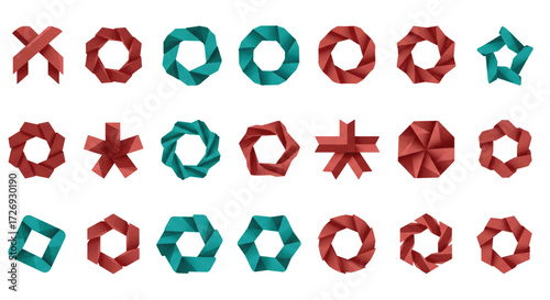 Collection of origami shapes arranged on a white surface showcases intricate paper folding techniques and geometric patterns, creating a visually appealing and artistic composition.