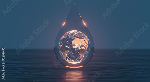 Water droplet with Earth reflecting inside on dark background  