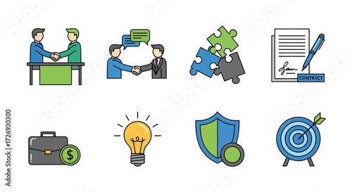 Modern business icons displaying teamwork, strategy, and innovation for successful partnership agreements, creative solutions, and financial security online