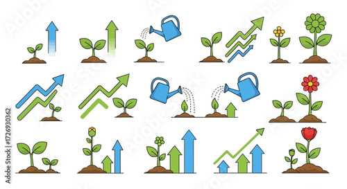 Illustrative growth concepts with plants, watering cans, and upward arrows, symbolizing success, progress, and business development