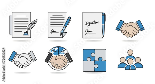 Business icons representing agreements, partnerships, teamwork, and solutions, perfect for legal, financial, and corporate branding projects or presentations needing professional visuals