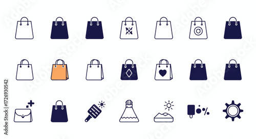 Collection of shopping bags and other retail related symbols arranged on white backdrop representing consumerism and commerce.