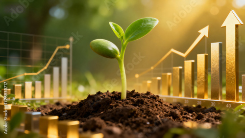 A young plant growing from soil with a golden bar graph showing upward growth in the background, symbolizing sustainable development and economic progress.