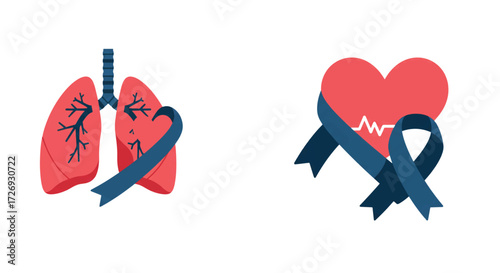 Lungs and heart with blue ribbon symbolize pulmonary hypertension awareness on white backdrop, highlighting the importance of health and support.