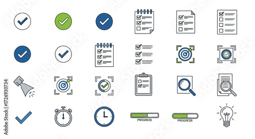 Dynamic set of checklist, progress, and goal icons perfect for business, planning, and task management with a modern design