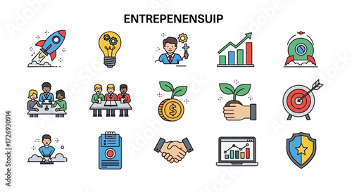 Ignite your business vision with these dynamic icons representing startup growth, innovation, teamwork, investment, and success.