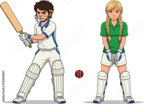 Male batsman and female wicketkeeper in cricket match, sports gear, batting stance, wicket keeping, red ball, teamwork, outdoor sports scene