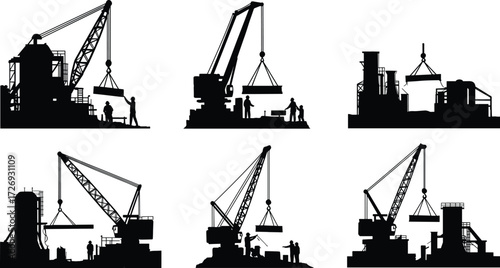 Construction cranes with workers lifting steel beams, industrial machinery silhouettes, building site equipment, heavy construction process vector illustration design elements
