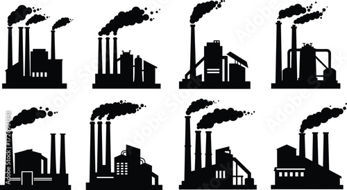 Industrial factory building silhouettes with chimneys emitting smoke, vector illustration of manufacturing plants and power stations for industry design