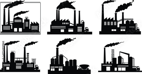 Industrial factory building silhouettes with chimneys, smoke pollution vector set, manufacturing plants, power stations, heavy industry production illustration design