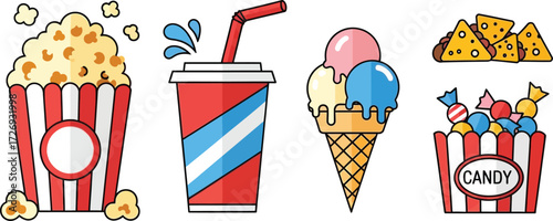 Classic movie snack popcorn bucket, candy bar, icecream and soda editable vector illustration icon 