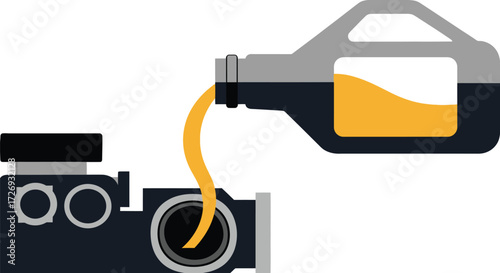Auto vehicle engine oil lubricant into car engine. Auto engine oil replacement at the mechanic workshop vector illustration