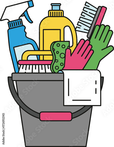 Cleaning supplies accessories with bucket, gloves, detergent, spray bottle, sponge for commercial and domestic cleaning maintenance service vector illustration icon