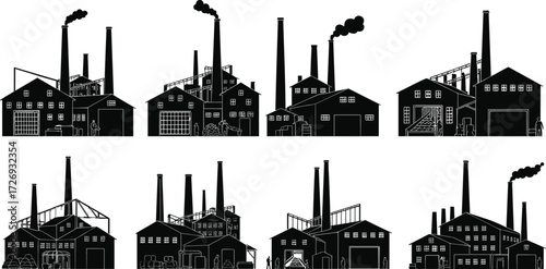 Industrial factory buildings with tall chimneys, smoke stacks, and warehouses, black silhouette vector set for manufacturing and construction industry