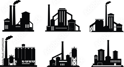 Industrial factory plant silhouettes collection with chimneys, smoke stacks, warehouses, and production buildings vector icons isolated illustration set