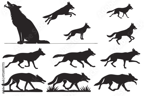 Silhouette vector of wolves in various poses howling running jumping standing and walking wildlife predator art