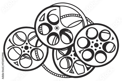 Film reels cinema movie filmography filmmaking motion picture entertainment industry vintage retro style design silhouette