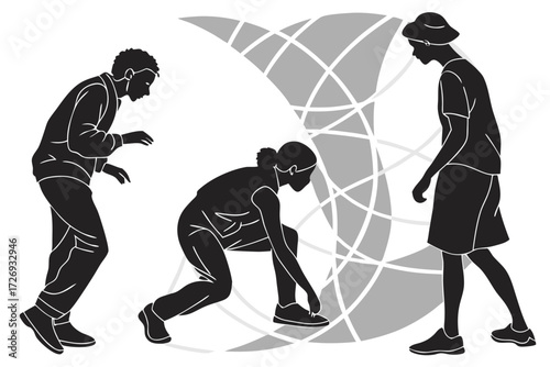 Silhouette people preparing for running race marathon jogger tying shoes fitness workout exercise training