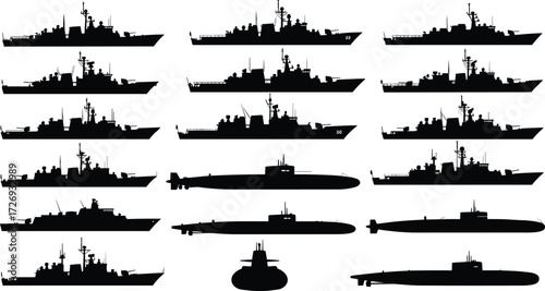Naval vessel silhouette set, warships and submarines vector icons, black maritime illustration, military ship profiles, ocean defense design elements